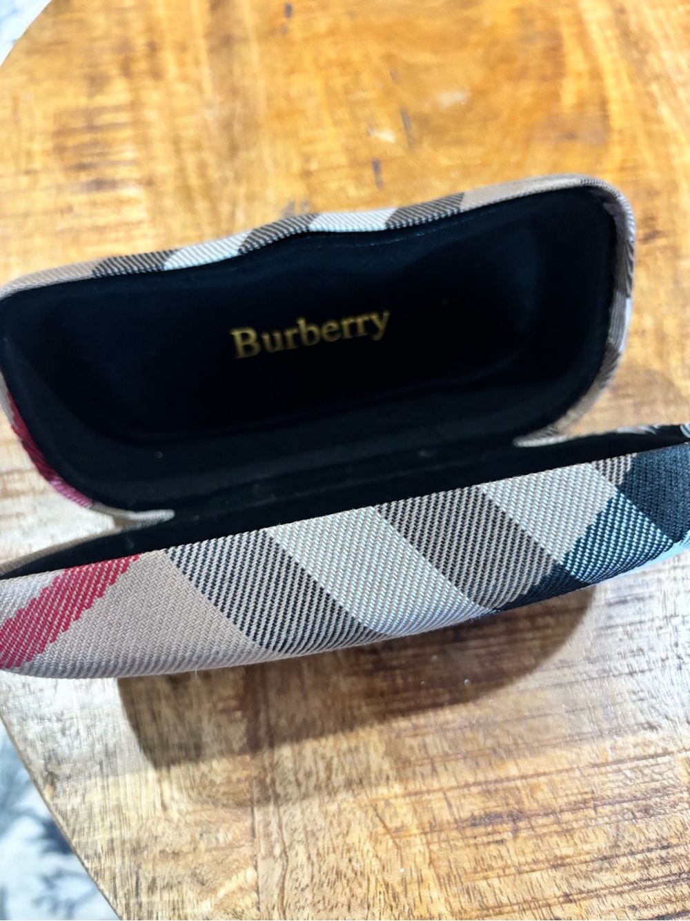 Burberry Beige Plaid Hard Shell Eyeglass Case with Red Accent